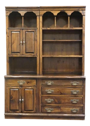 Sprague and Carleton Country Cabinet Solid Knotty Pine Maker Rustic Americana Style 56" Custom Wall Unit / Bookcase W. Cabinets