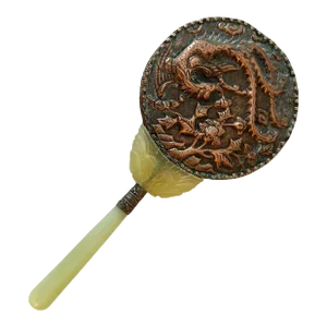 Chinese Hand Carved Jade and Celadon Handle Hand Mirror with Repousse Dragon