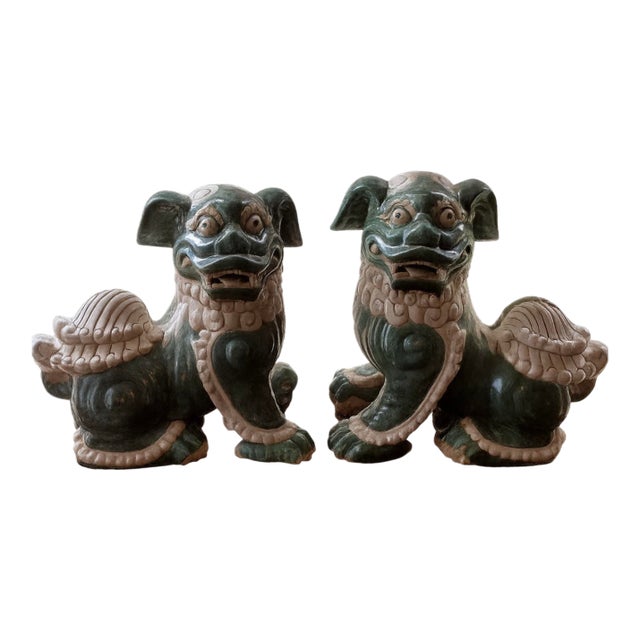 Pair of Monumental Antique Chinese Porcelain Foo Dog Statues – Emerald Green Glaze For Sale
