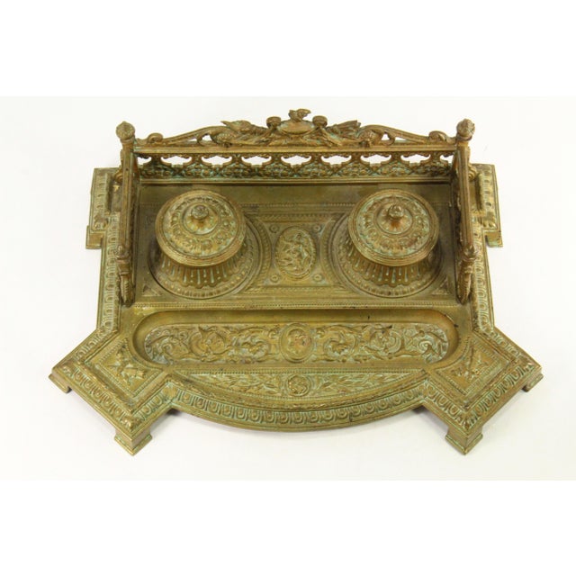 19th C. Neo-Classical Belle Epoque Ornate Bronze Double Inkwell, French For Sale - Image 9 of 18