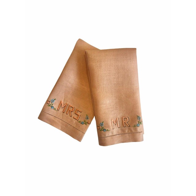 Vintage Mr & Mrs Embroidered Linen Towels Set Blush Apricot Monogram Floral Boudoir Hand Towels For Sale - Image 9 of 12