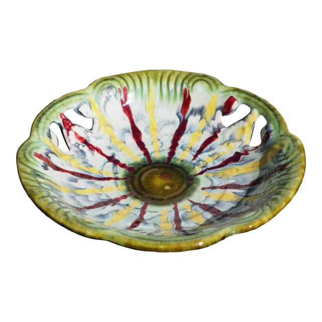 1970s West Germany Openwork Fruit Bowl With Yellow and Red Drips For Sale