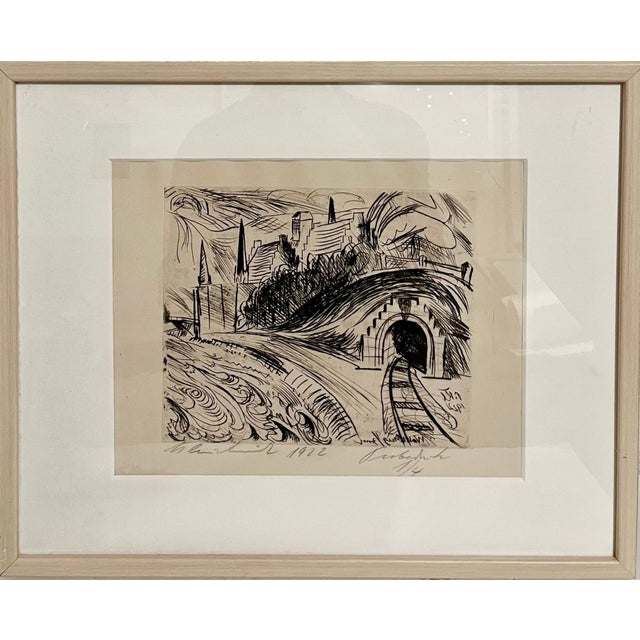 Paul Kleinschmidt, 1922 German Expressionist Figurative Train Tunnel Etching Paul Kleinschmidt, 1922 For Sale