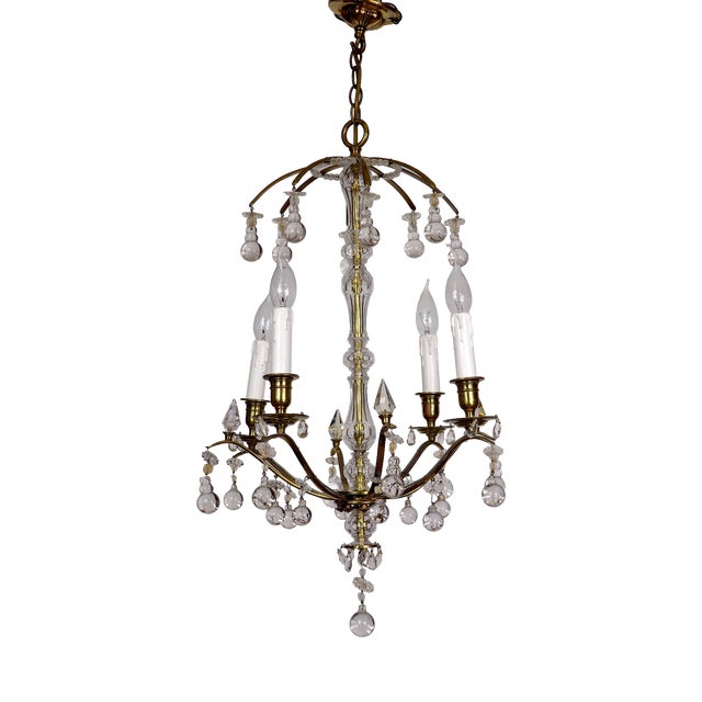 Antique French Brass and Glass Drop Chandelier from Unbekannt, 1940s For Sale