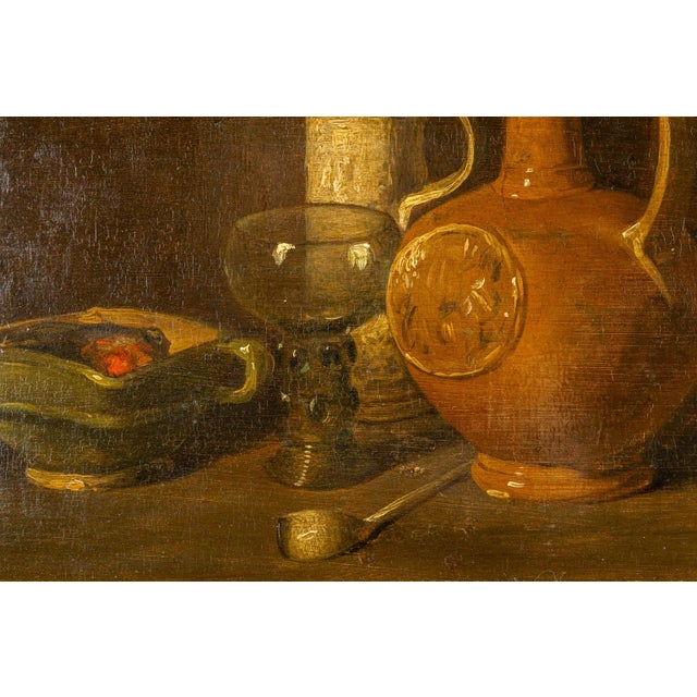 Early Dutch Still-Life Painting of a Table Setting in a Later 19th Century Arched Giltwood Frame For Sale - Image 4 of 5
