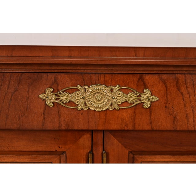 Brown 1980s Baker Furniture French Regency Louis XVI Carved Cherry and Burl Wood Sideboard or Bar Cabinet For Sale - Image 8 of 13