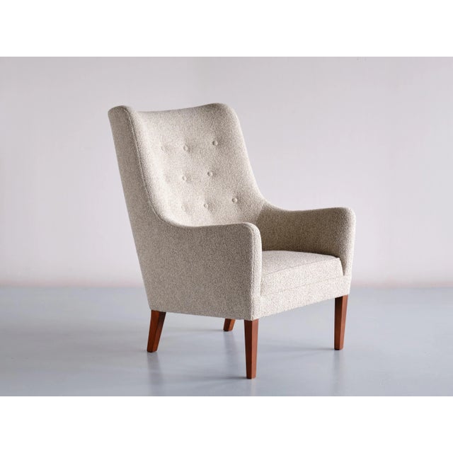 Set of Bouclé & Mahogany High Back Armchairs by Jacob Kjær, Denmark, 1940s For Sale - Image 4 of 14