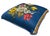 Vintage upholstered footstool featuring a bold floral textile in shades of cobalt blue, yellow, white, and coral mounted...