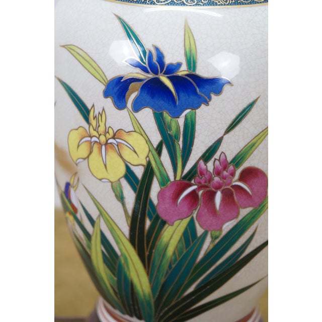 Vintage Japanese Floral Irises Kingfisher Bird Ginger Jar Vase Urn Lamp 25" For Sale - Image 11 of 13