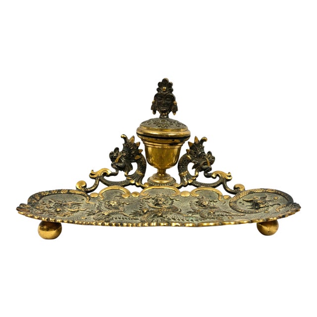 Antique Asian Design Brass Inkwell With Pen Tray For Sale