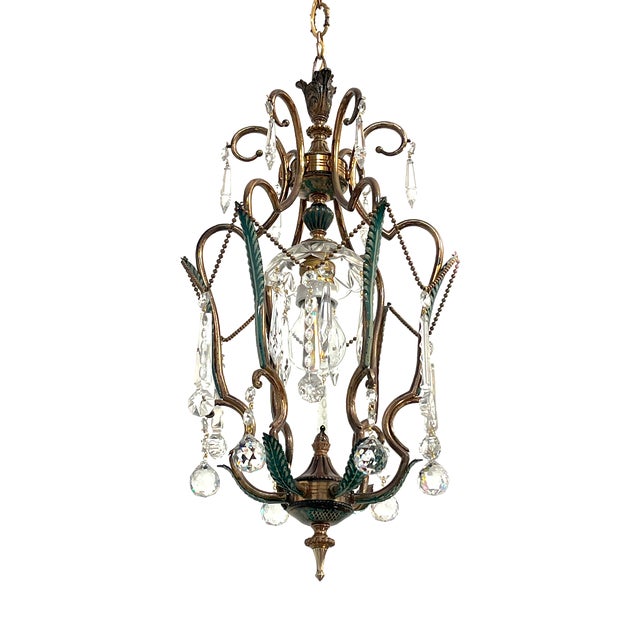 Brass and Green Pendant Light with Cut Crystal Drops, Italy, 1950s For Sale
