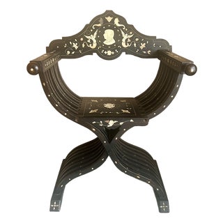 19th-Century Antique Italian Renaissance Revival Inlaid Bone Savonarola Chair For Sale