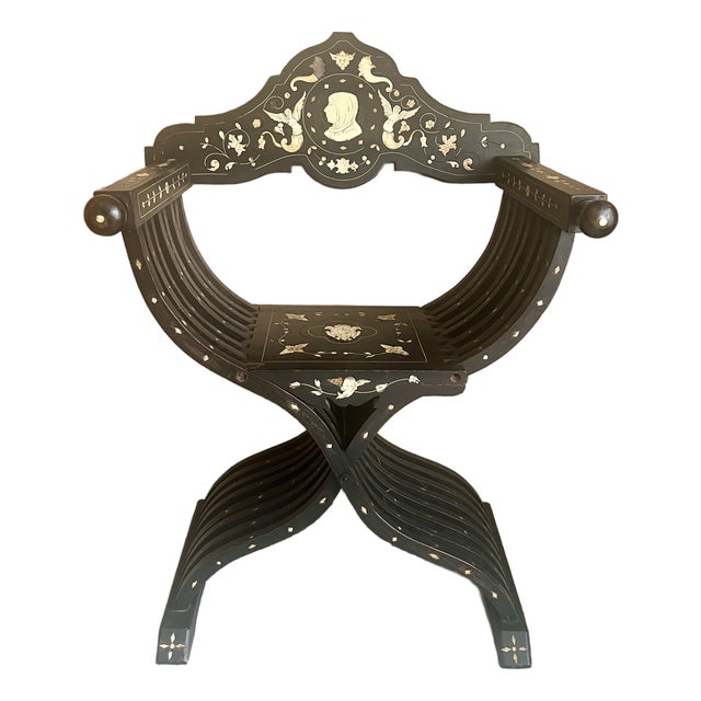 19th-Century Antique Italian Renaissance Revival Inlaid Bone Savonarola Chair For Sale