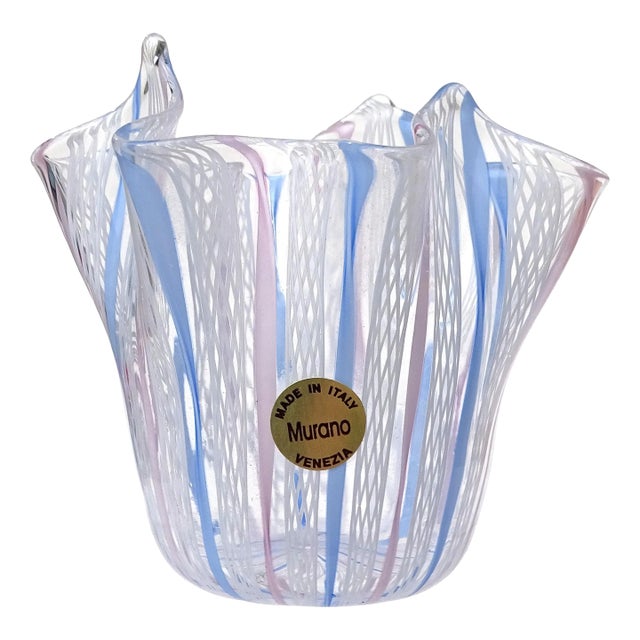 Murano Fazzoletto White Pink Blue Ribbons Italian Art Glass Handkerchief Flower Vanity Vase For Sale