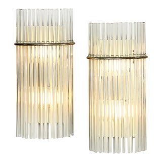 Pair of Mid-Century Transparent & Frosted Glass Rod Sconces With Brass Fittings For Sale