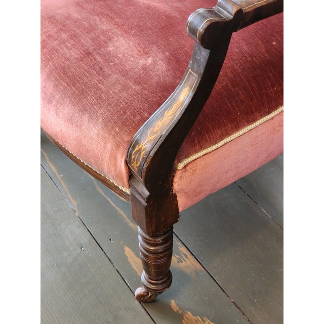 Victorian 19th Century Antique Victorian Velvet Marquetry Fauteuil Parlor Armchair For Sale - Image 3 of 12