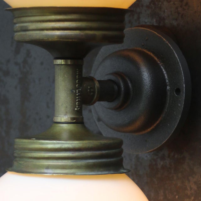 Vintage Double Sconce Wall Lamp in Cast Iron, Opaline Glass and Brass For Sale - Image 4 of 10