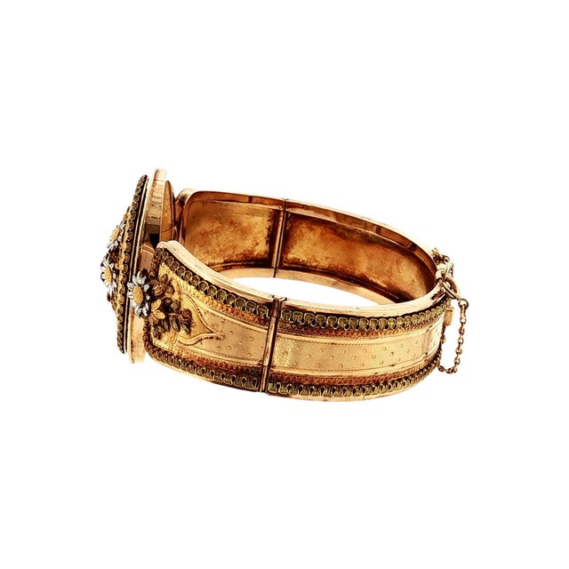 Victorian 1860's 18k and Platinum Multi-Colored Gold French Flower and Engraved Bracelet For Sale - Image 3 of 5