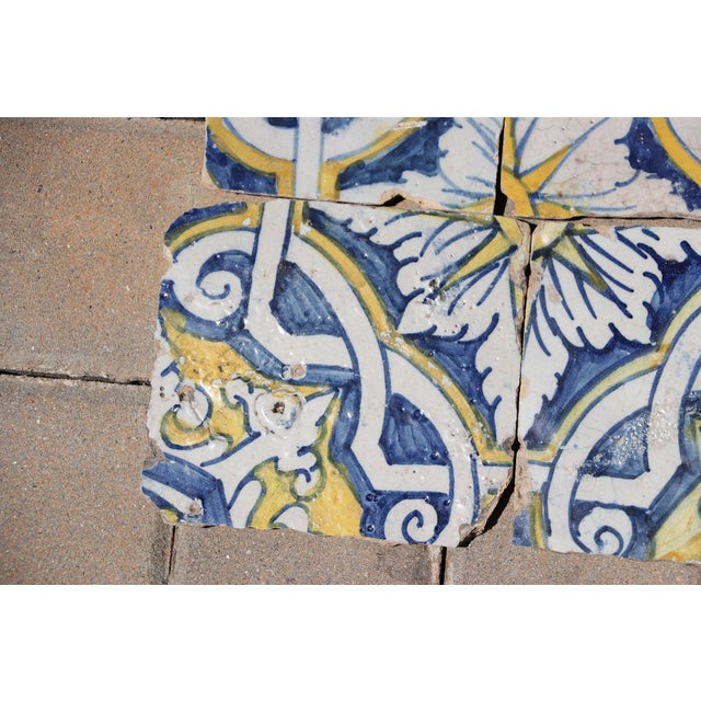 17th Century Portuguese Antique Tiles Set of 6 Blue, Yellow & White Geometric Floral For Sale - Image 6 of 10