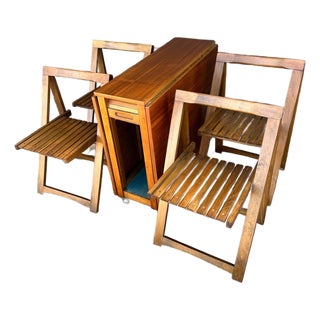 Vintage Mid-Century Modern Space Saver Minimalist Hide Away Dropleaf Table W/ 4 Hidden Folding Chairs, Romania, C. 1960's For Sale
