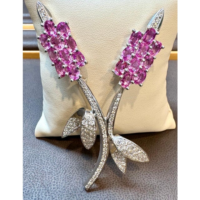 Vintage 18 Kt White Gold Diamond & 13 Ct Pink Sapp Floral Bouquet Broach 23.2 GM For Sale - Image 10 of 18