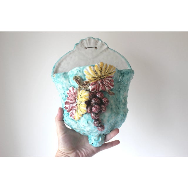 Ceramic Pair of Italian Ceramic Majolica Pottery, Grapes, Aqua Turquoise Blue Wall Pocket Vase Planters For Sale - Image 7 of 11