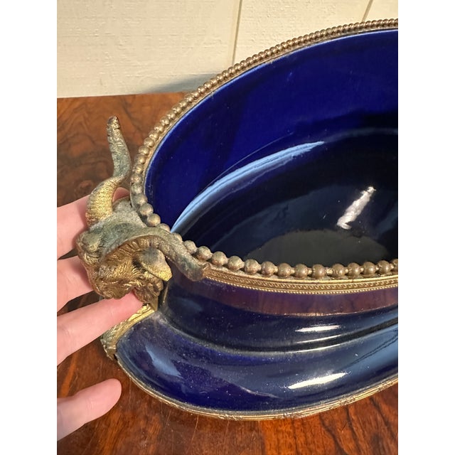 French 19th C Antique Serreguemines French Cobalt Majolica Jardinere With Rams Heads For Sale - Image 3 of 11