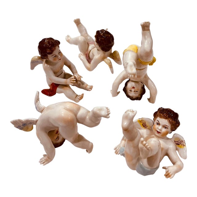 19th Century Italian Porcelain Tumbling Putti Figurines - Set of 5 For Sale