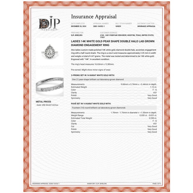 Ladies 14k White Gold Pear Shape Double Halo Lab Grown Diamond Engagement Ring For Sale - Image 10 of 11