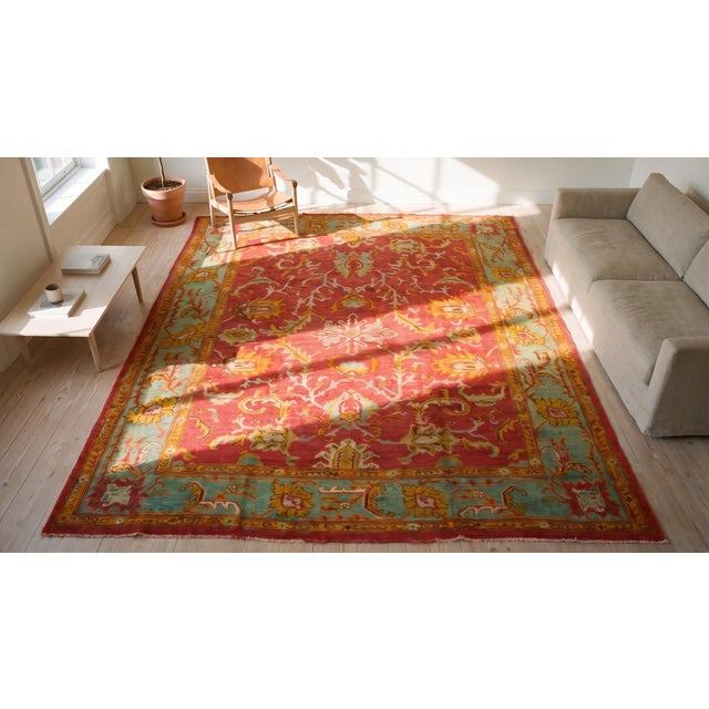 1900s Red -Jewel Tones Tribal Antique Turkish Oushak Rug 11' 9" X 13' 6" Handknotted Wool Carpet For Sale In New York - Image 6 of 8