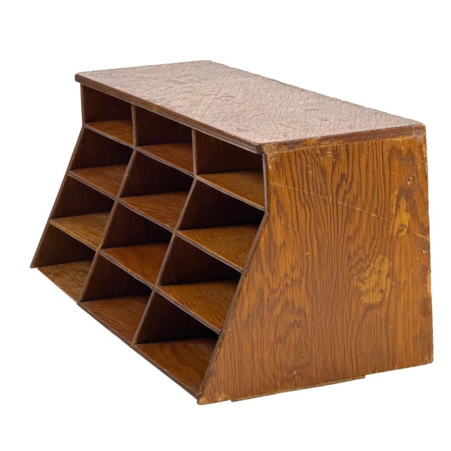 Vintage 1950s Large Modernist Wooden Desktop Cubby W/ Angled Slotted Compartments - Handmade Office Storage Organizer For Sale - Image 4 of 12