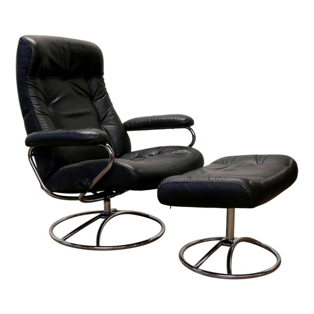 1970s Ekornes Stressless Black Leather Recliner Chair and Ottoman Chairish