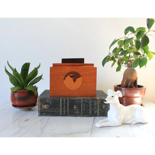 Vintage wood inlay sunrise or sunset keepsake lidded trinket box. No makers mark. Some minor age wear. Pictured.