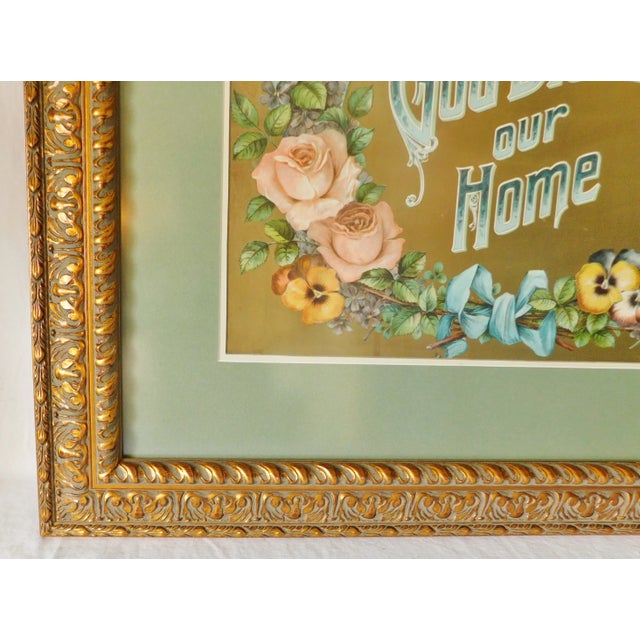 Wood Large Vintage Floral Bless Our Home Ornate Heavy Gold Framed Wall Picture For Sale - Image 7 of 11