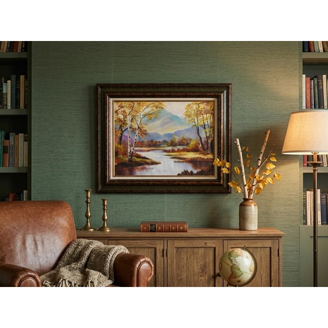 Serene vintage landscape oil painting depicting an autumn river valley framed by luminous white birch trees, warm fall...