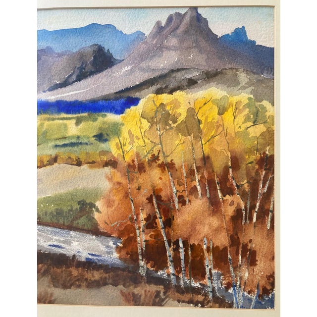 American 1970s Signed Large Autumnal Watercolor Painting, Majestic Mountains, River, Trees For Sale - Image 3 of 7