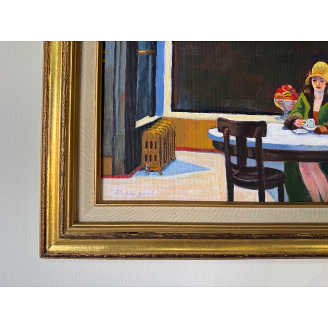 Coffee Vintage Figurative Still Life Interior Scene Oil on Canvas Board Panel Painting by Florence Zevich, Framed For Sale - Image 8 of 11