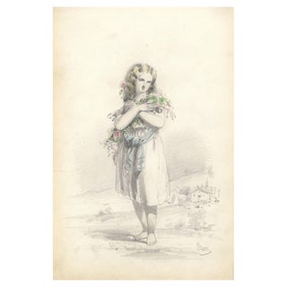 Berr, Flower Girl, Mid 19th Century, Graphite Drawing For Sale