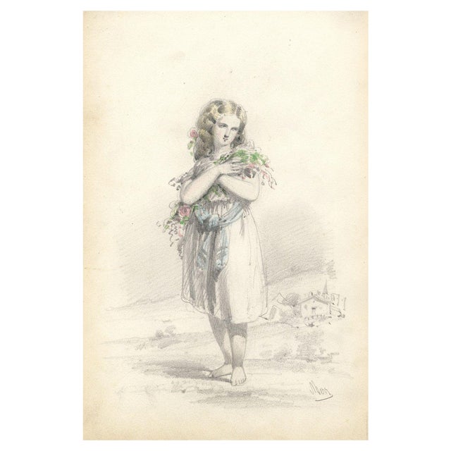 Berr, Flower Girl, Mid 19th Century, Graphite Drawing For Sale