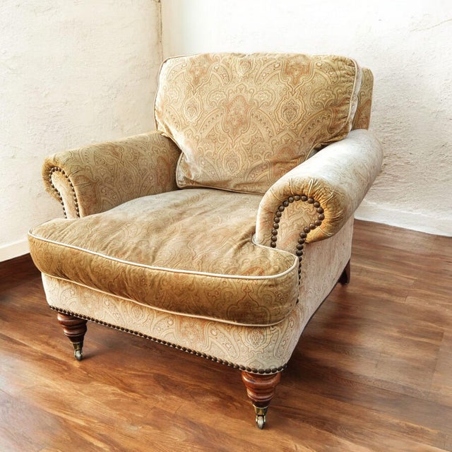 Champagne Timeless Elegance of a Liz Claiborne Leather Sofa With the Charm of a Lillian August Armchair and Ottoman. For Sale - Image 8 of 12