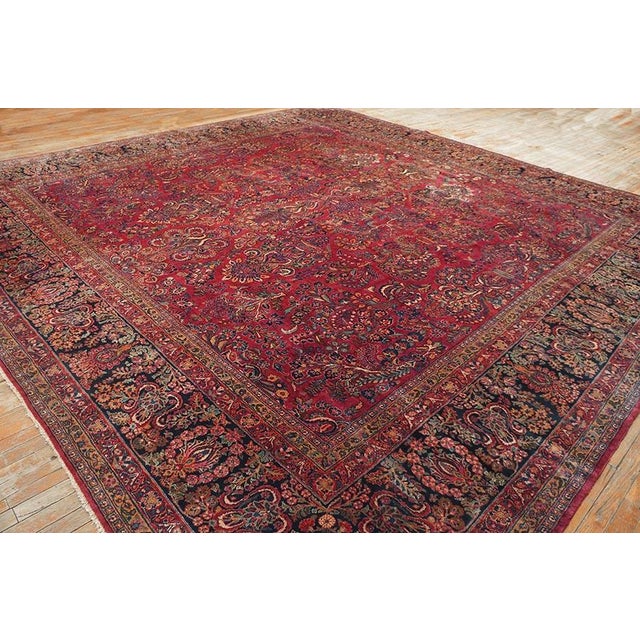 1920s Persian Sarouk Carpet ( 13' 8" x 14' - 417 x 427 ) Antique Sarouk Room Size Wool Coral Rug, Circa Date: 1920s. This...