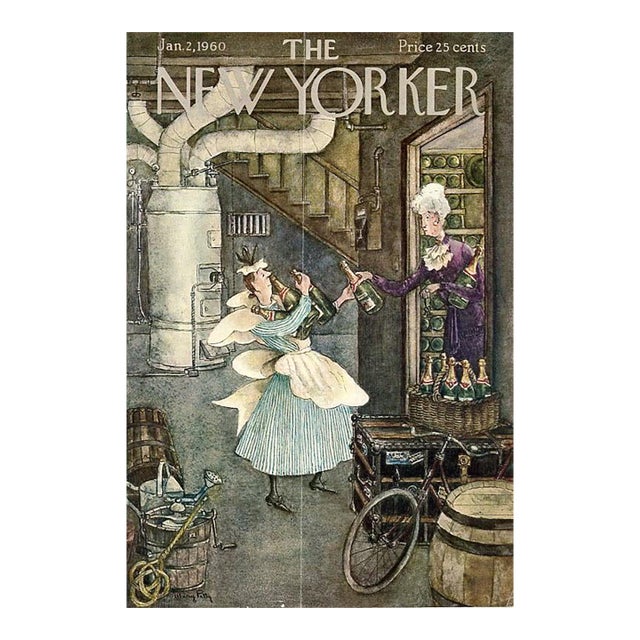 1960 Vintage New Yorker Magazine Cover, January 2, Mary Petty Cover Art, Champagne For Sale