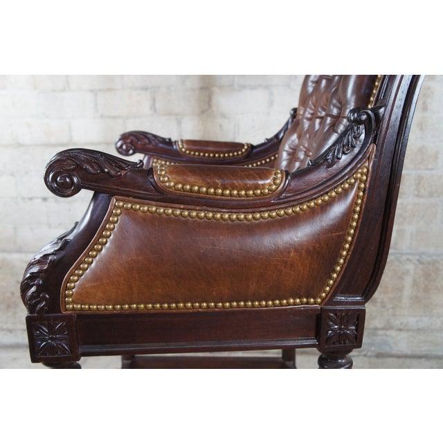 Brown Late 20th Century Hancock & Moore French Chesterfield Style Carved Brown Leather Tufted Bar Stool For Sale - Image 8 of 12