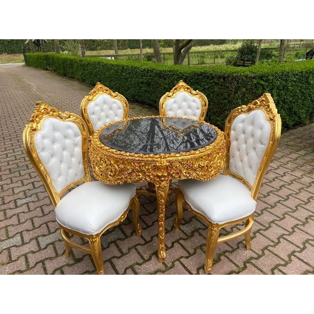 1970s Italian Baroque Gold Leaf Marble White Leather Dining Set – 5pcs For Sale - Image 15 of 18