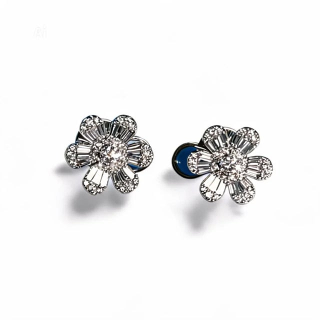 Traditional Late 20th Century 18K White Gold Baguette Diamond Floral Flower Stud Earrings Estate, Pair For Sale - Image 3 of 3