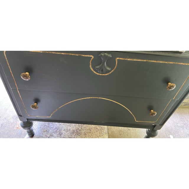 Art Deco Antique Highboy Dresser — Behr “Cracked Pepper” Slate Blue-Gray, Redesign With Prima Decoupage Botanical Drawers & Gold Accent Details For Sale - Image 3 of 3
