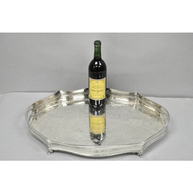 Vintage William Adams Sheffield England Edwardian Style Silver Plated Scalloped Raised Gallery Tray on Feet. Circa Mid...