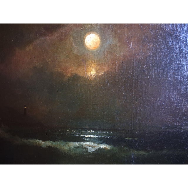 Late 19th Century 19th Century American School Moonlit Seascape and Shipwreck Oil Painting For Sale - Image 5 of 9