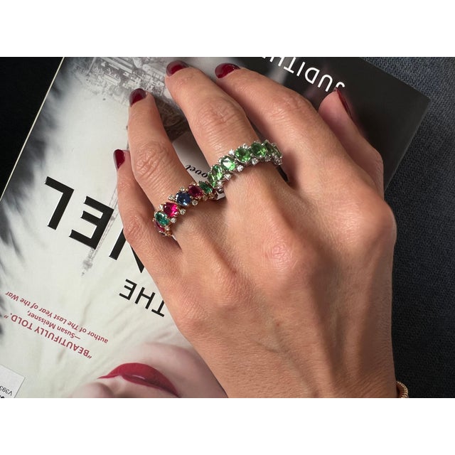 Green Garnet Tsavorite Eternity Diamond Band 18 Karat White Gold Unique Ring, Size 7 For Sale - Image 17 of 18