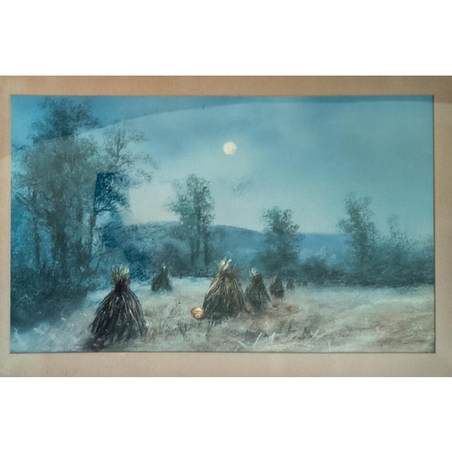 We are selling this simple American pastoral landscape of a field with haystacks. This late 19th century pastel on paper...